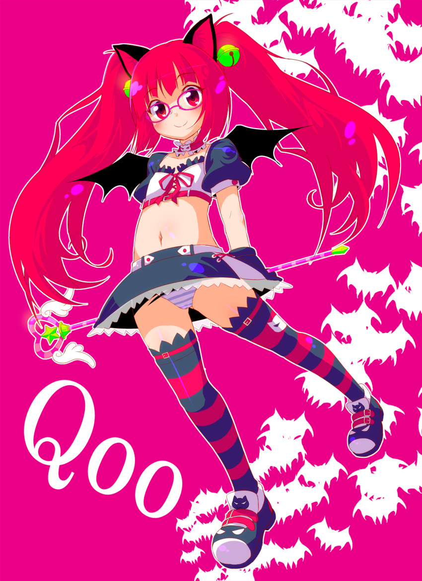 bell blush cat_ears choker glasses gloves hair_bell hair_ornament highres kooh midriff navel pangya panties pantyshot red_eyes red_hair redhead smile solo striped striped_legwear striped_panties striped_thighhighs sw thigh-highs thighhighs twintails underwear wand wings