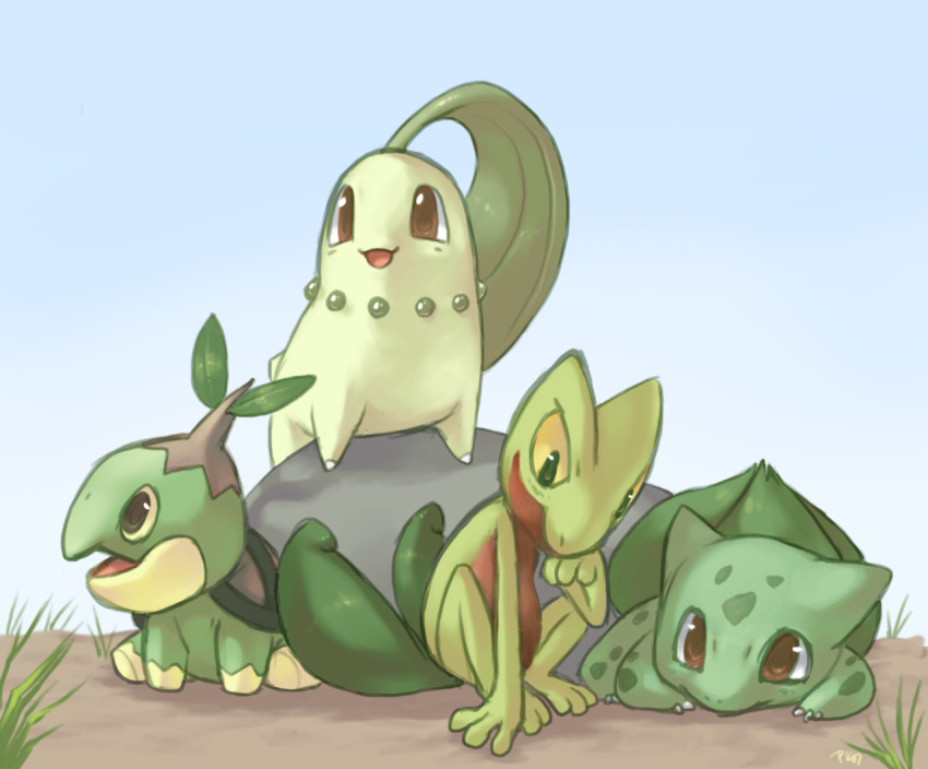 bulbasaur chikorita grass nature no_humans pokemon pokemon_(creature) pokemon_(game) pokemon_dppt pokemon_gsc pokemon_rgby pokemon_rse purplekecleon rock simple_background sky treecko turtwig