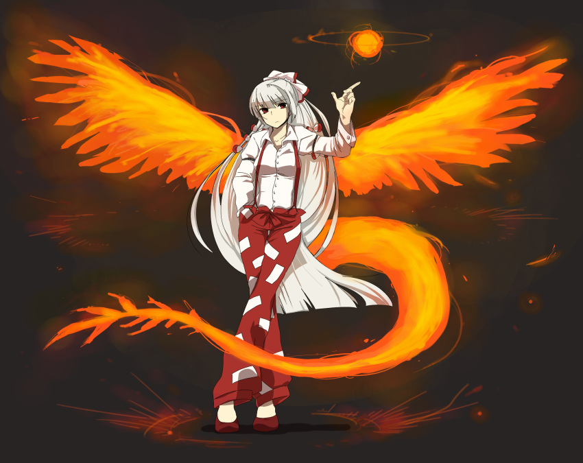 fiery_wings fire fujiwara_no_mokou hair_ribbon hand_in_pocket highres long_hair nisshi pants ribbon standing touhou wings
