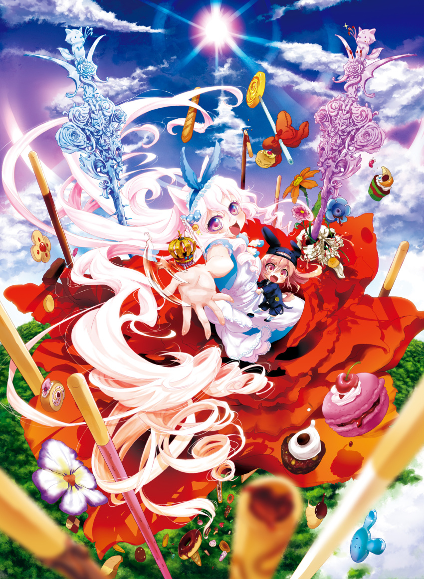 animal_ears baguette blurry bread cake candy checkerboard_cookie cookie crown depth_of_field doughnut fang flower flying food from_above hands highres inuboe lollipop long_hair macaron multiple_girls original pastry pocky red_eyes skull swirl_lollipop swiss_roll