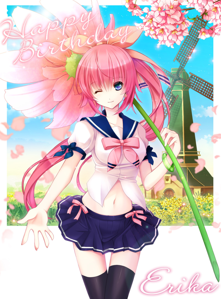 cherry_blossoms flower hana highres long_hair looking_at_viewer midriff navel outstretched_arm outstretched_hand oversized_object pangya petals pink_hair ponytail school_uniform serafuku smile thigh_gap thighhighs very_long_hair windmill wink yuuki_kira zettai_ryouiki