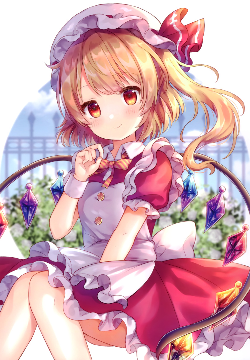 1girl absurdres apron bangs between_legs blonde_hair blurry blurry_background blush bow closed_mouth crystal depth_of_field diagonal_stripes dress eyebrows_visible_through_hair flandre_scarlet frilled_apron frilled_dress frills hand_between_legs hand_up hat hat_ribbon highres mob_cap non-web_source one_side_up pjrmhm_coa puffy_short_sleeves puffy_sleeves red_dress red_eyes red_ribbon ribbon scan short_sleeves smile solo striped striped_bow touhou white_apron white_headwear wings wrist_cuffs yellow_bow