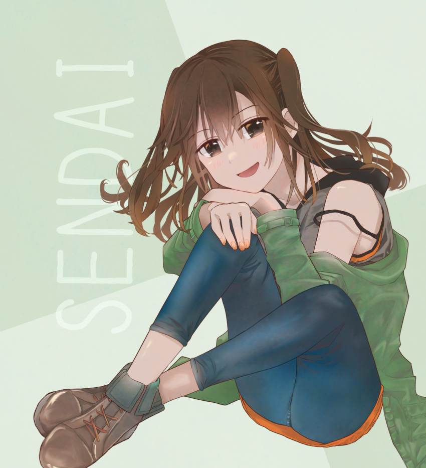 1girl :d brown_eyes brown_footwear brown_hair casual character_name denim full_body green_jacket hair_between_eyes highres jacket jeans kantai_collection kiusagi_sanae long_hair official_alternate_costume pants sendai_(kancolle) sitting smile solo two_side_up