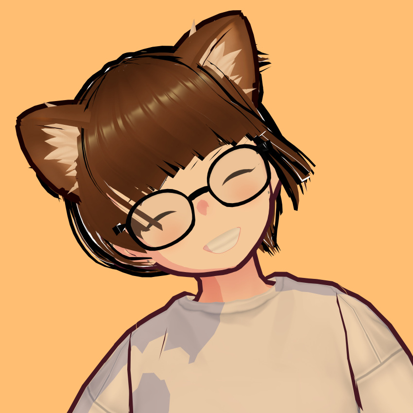 brown_hair buns cute excited eyes glasses happy high_tops jeans jumper multicolored_eyes orange_background pfp profile_picture raccoon_ears shoes smiling socks