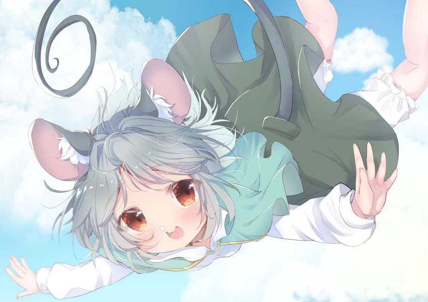 1girl absurdres animal_ear_fluff animal_ears ashino_chimado bangs bloomers blue_capelet blue_sky blush brown_eyes capelet clothing_cutout clouds commentary_request dress eyebrows_visible_through_hair falling feet_out_of_frame green_dress grey_hair highres long_sleeves looking_at_viewer mouse_ears mouse_girl mouse_tail nazrin open_mouth shirt short_hair sky smile solo tail tail_cutout touhou underwear white_shirt