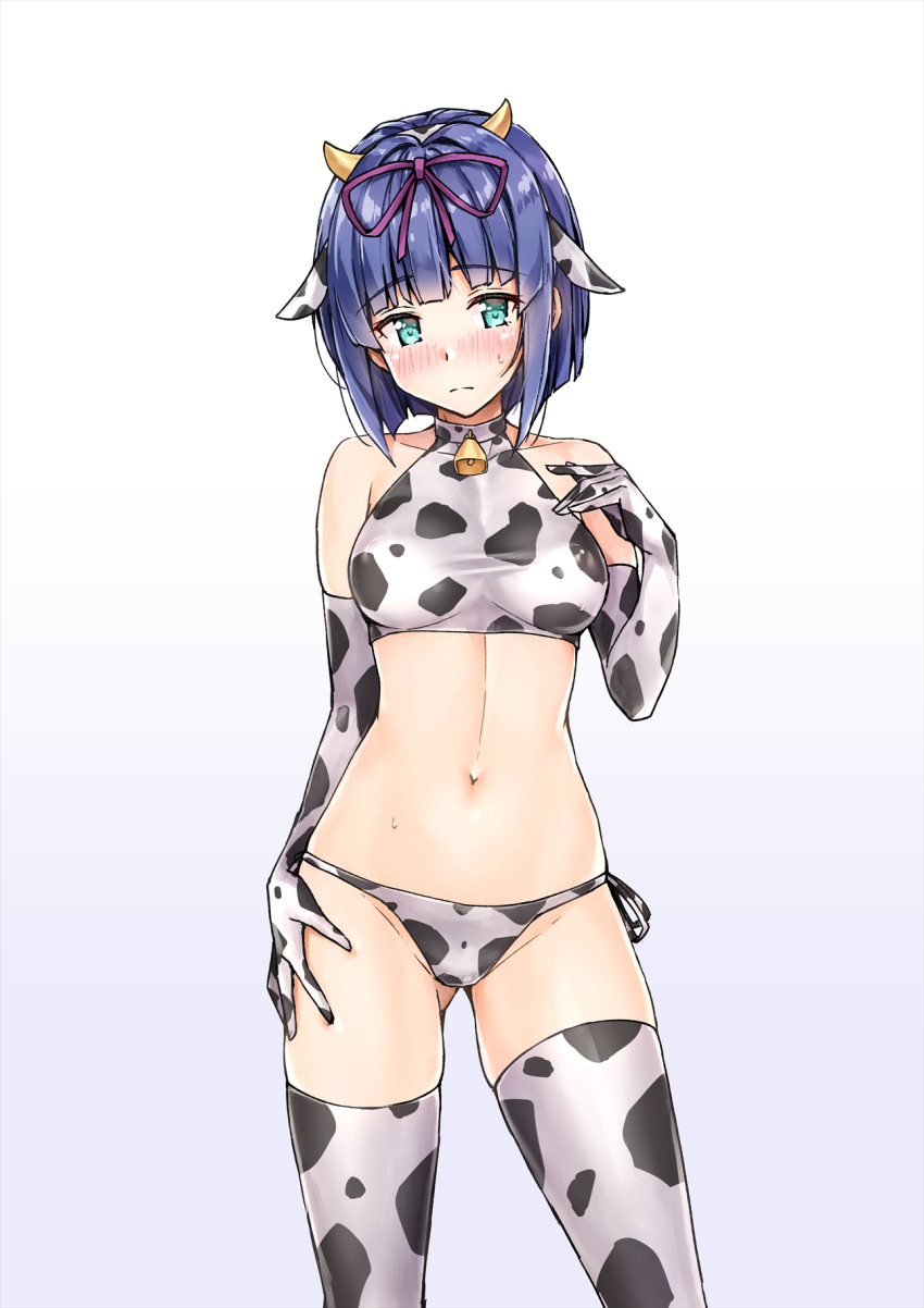 1girl animal_costume animal_ears animal_print ass_visible_through_thighs bare_shoulders bell bikini blush breasts collar cow_costume cow_ears cow_girl cow_horns cow_print cowbell elbow_gloves gloves highres horns izumi_hina_(neet_de_otaku_na_kunoichi_to_naze_ka_dousei_hajimemashita) kotatsu_(kotatsu358) large_breasts looking_at_viewer navel neet_de_otaku_na_kunoichi_to_naze_ka_dousei_hajimemashita print_legwear short_hair solo swimsuit thigh-highs