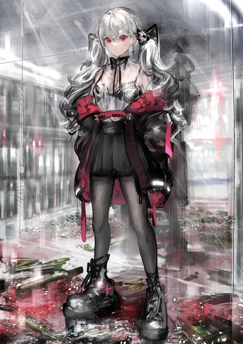 1girl black_bow black_bowtie black_bra black_footwear black_jacket black_legwear black_skirt boots bow bowtie bra broken_glass closed_mouth commentary english_commentary full_body glass grey_hair hands_on_hips highres jacket long_hair long_sleeves looking_at_viewer mirror nanaponi off_shoulder original pantyhose red_eyes reflection see-through_shirt skirt solo standing twintails underwear