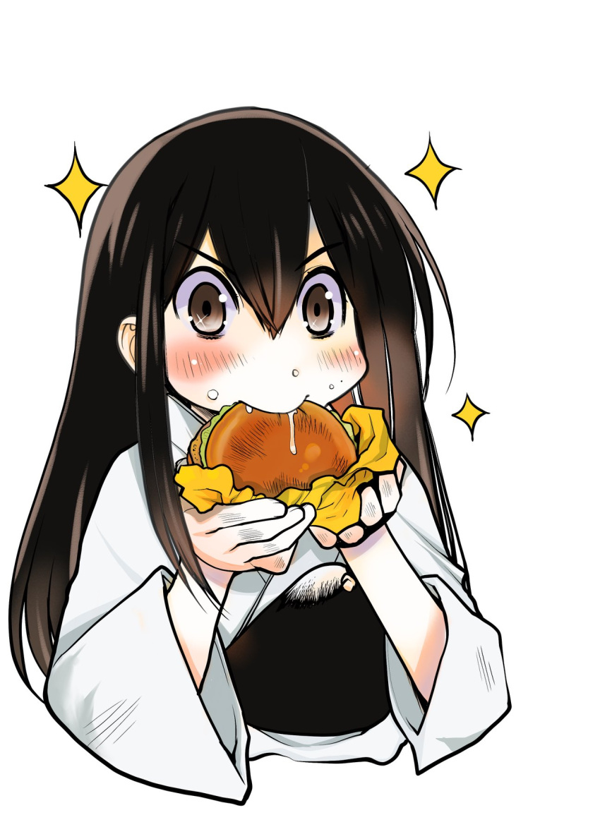 1girl akagi_(kancolle) bangs black_hair blush brown_eyes burger commentary_request cropped_torso eating food food_on_face hair_between_eyes highres holding holding_food japanese_clothes kagesaki_yuna kantai_collection long_hair muneate saliva simple_background solo sparkle sweat white_background wide_sleeves