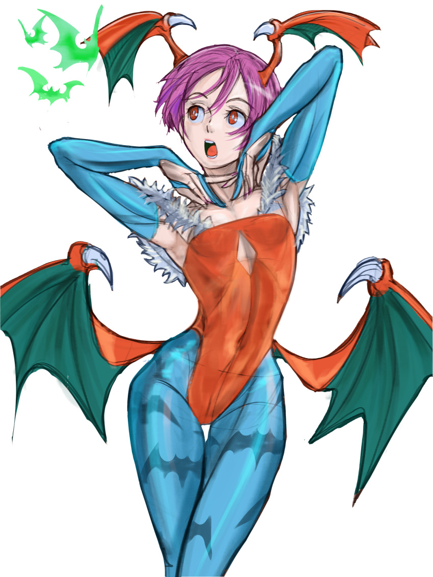 1girl animal_print armpits arms_up bat_print blue_legwear breasts bridal_gauntlets covered_navel cowboy_shot demon_girl elbow_gloves gloves head_wings highres leotard lilith_aensland low_wings open_mouth print_legwear purple_hair red_eyes red_leotard red_wings short_hair simple_background small_breasts solo vampire_(game) white_background wings xfiro