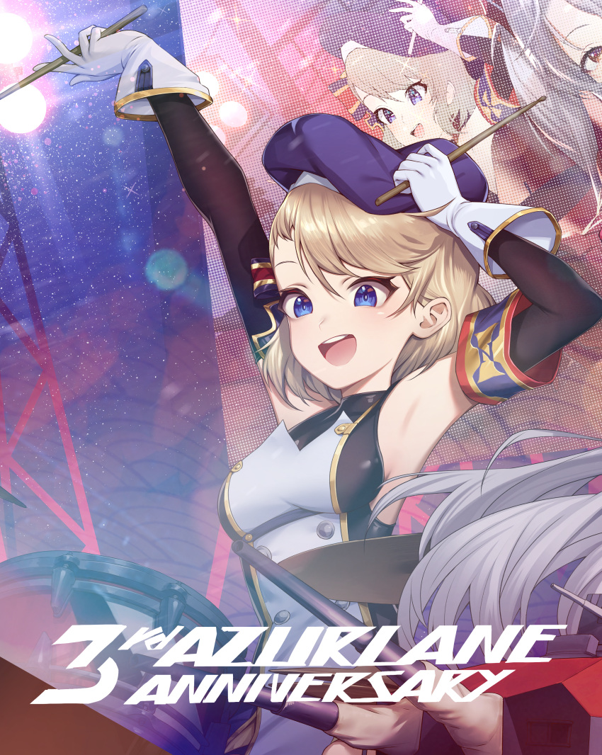 1girl absurdres armpits azur_lane bangs beret blonde_hair blue_eyes bodystocking breasts drum drumsticks eyebrows_visible_through_hair gloves hat highres holding holding_drumsticks instrument long_sleeves looking_away medium_breasts medium_hair open_mouth shinidei sideboob smile solo teeth upper_teeth white_gloves z23_(azur_lane)