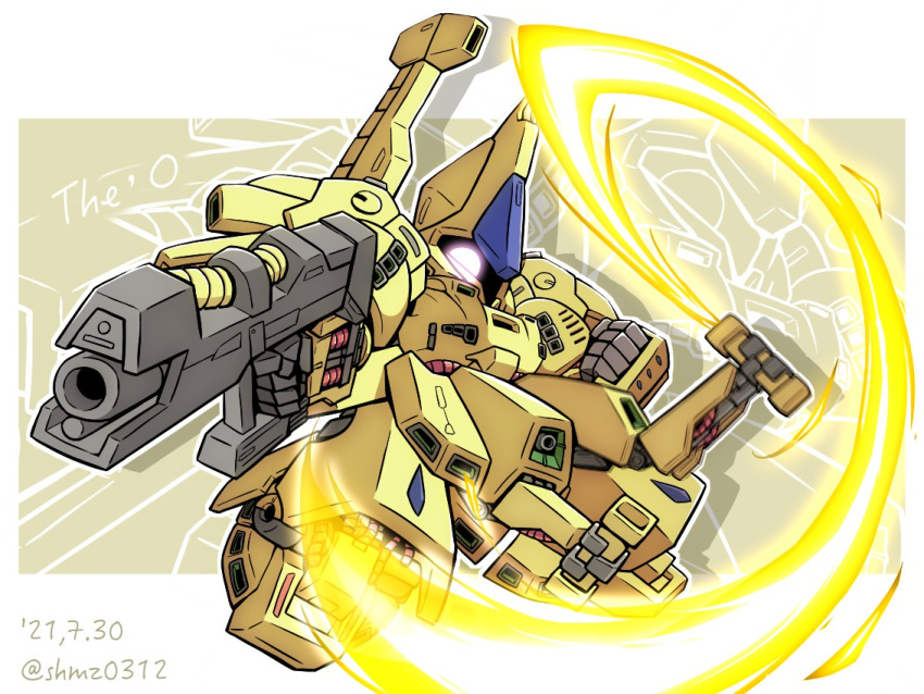 beam_rifle beam_saber character_name chibi commentary dated energy_gun energy_sword english_text extra_arms gundam looking_at_viewer mecha mobile_suit no_humans one-eyed pink_eyes pointing pointing_at_viewer pointing_weapon sd_gundam shokkaa_(shmz61312) solo sword the_o triple_wielding twitter_username weapon zeta_gundam