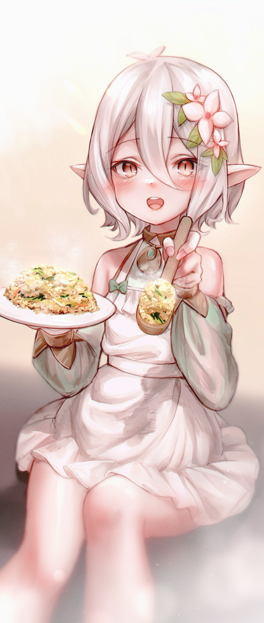 1girl absurdres apron bare_shoulders blush feeding flower food hair_between_eyes hair_flower hair_ornament highres incoming_food jewelry kokkoro_(princess_connect!) looking_at_viewer millet_(milletneko) necklace open_mouth orange_eyes pointy_ears pov princess_connect! rice short_hair silver_hair solo spoon white_background