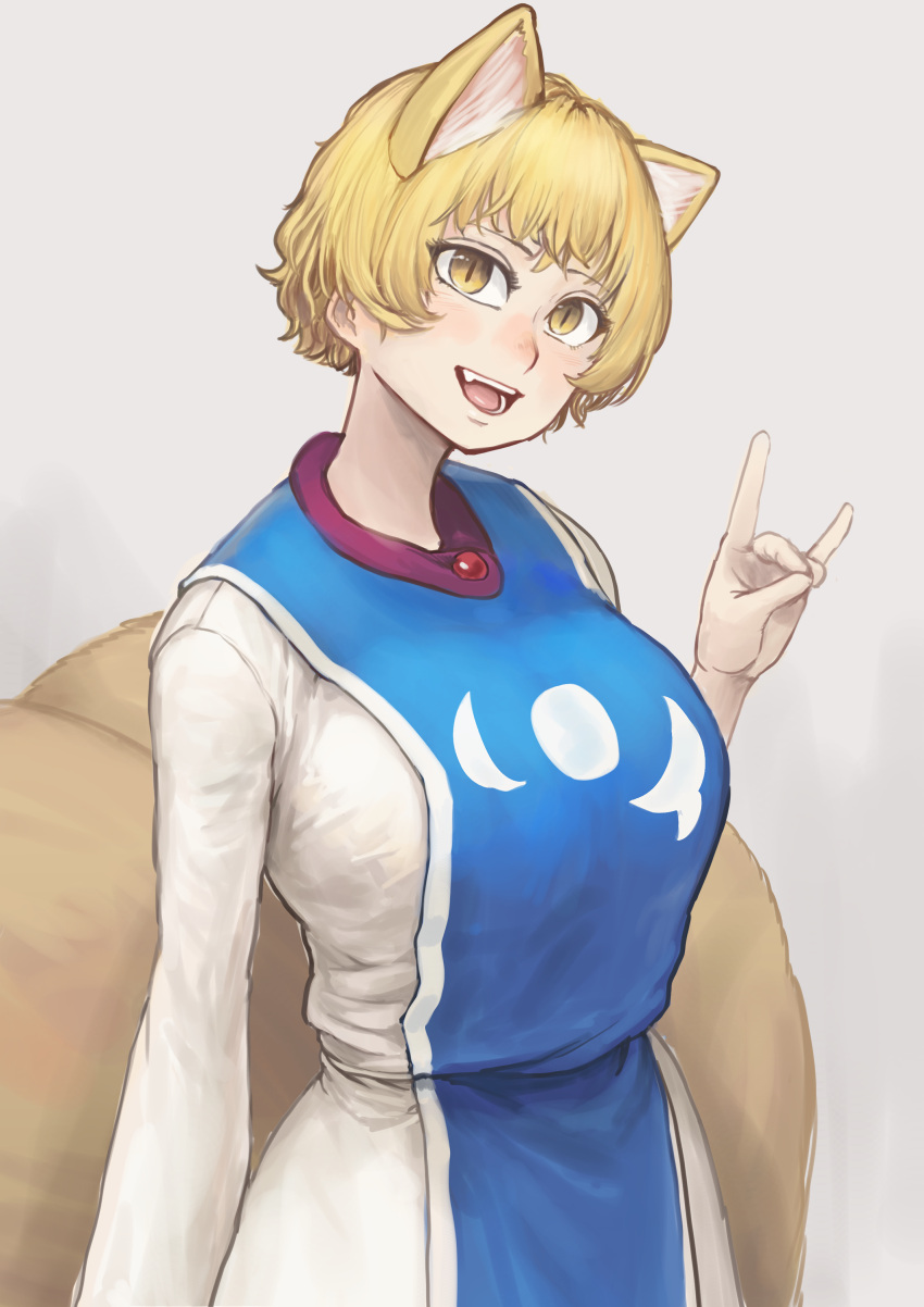 1girl :d absurdres animal_ears blonde_hair breasts chanta_(ayatakaoisii) cowboy_shot extra_ears fox_ears fox_shadow_puppet fox_tail head_tilt highres large_breasts looking_at_viewer multiple_tails no_hat no_headwear short_hair simple_background smile solo tabard tail touhou white_background yakumo_ran yellow_eyes
