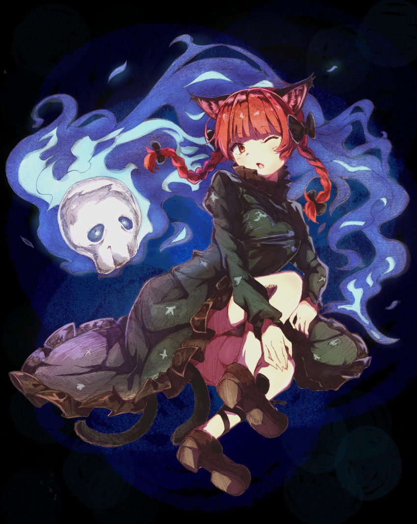 1girl ;o animal_ears ankle_ribbon black_ribbon braid brown_eyes cat_ears cat_tail dark_background dress frilled_dress frills full_body green_dress hands_on_own_legs highres hitodama kaenbyou_rin long_sleeves looking_at_viewer medium_hair multiple_tails one_eye_closed open_mouth print_dress redhead ribbon shoes skull solo tail tamiku_(shisyamo609) touhou twin_braids two_tails