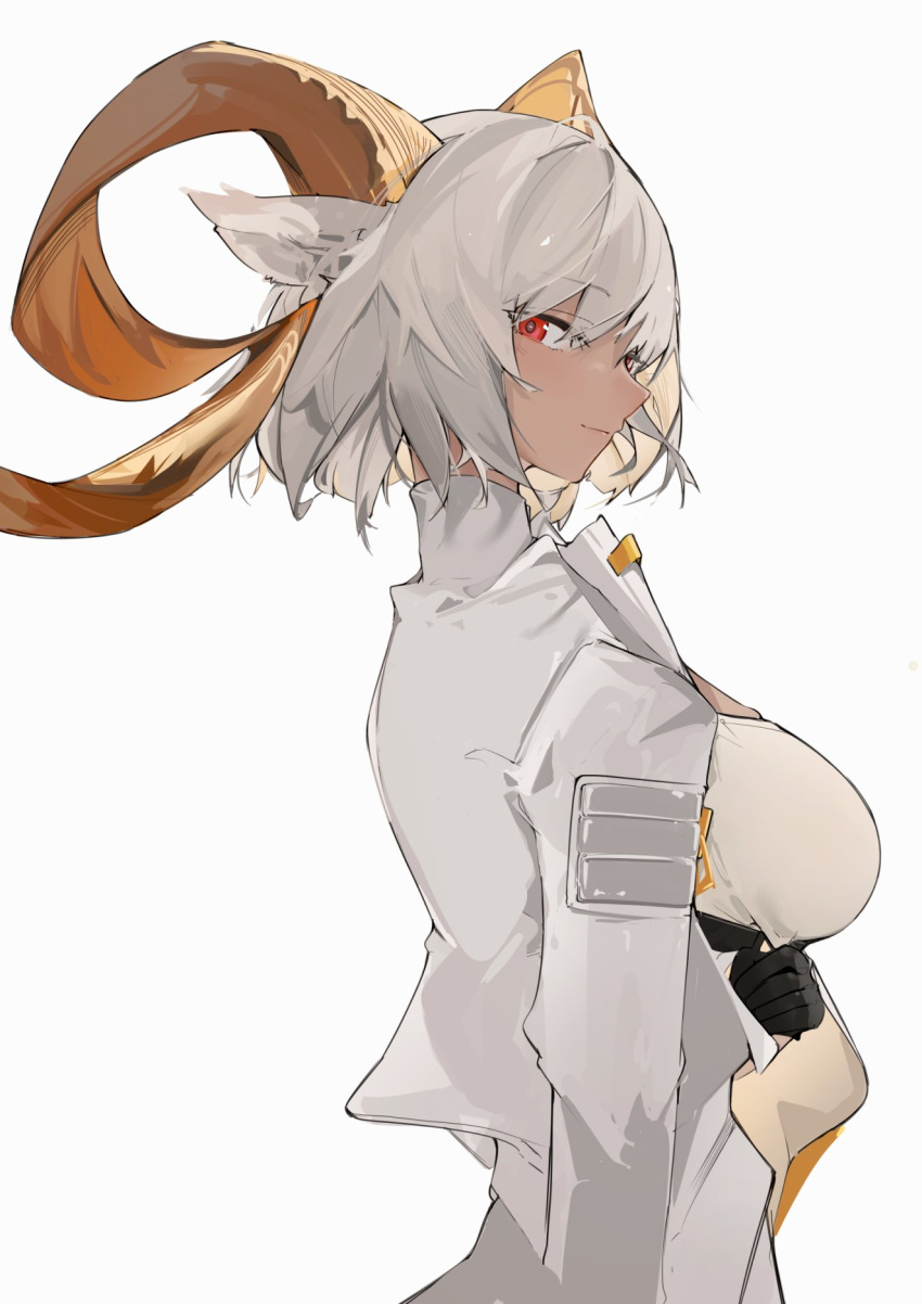 1girl animal_ears arknights black_gloves blush breasts carnelian_(arknights) closed_mouth commentary dark-skinned_female dark_skin eyebrows_visible_through_hair from_side gloves goat_ears goat_girl goat_horns hair_between_eyes highres horns jacket large_breasts looking_at_viewer mikojin red_eyes shirt short_hair silver_hair simple_background smile solo strap symbol-only_commentary upper_body white_background white_jacket white_shirt