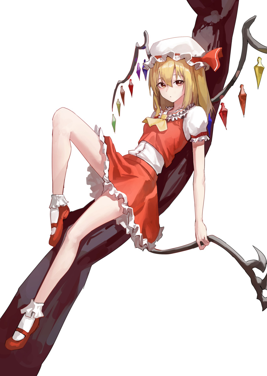 1girl absurdres bare_legs blonde_hair branch commentary dress english_commentary flandre_scarlet flower full_body hat highres knee_up looking_at_viewer mac_star medium_hair mob_cap orange_eyes red_dress red_flower short_sleeves simple_background socks tail touhou white_background white_headwear white_legwear wings