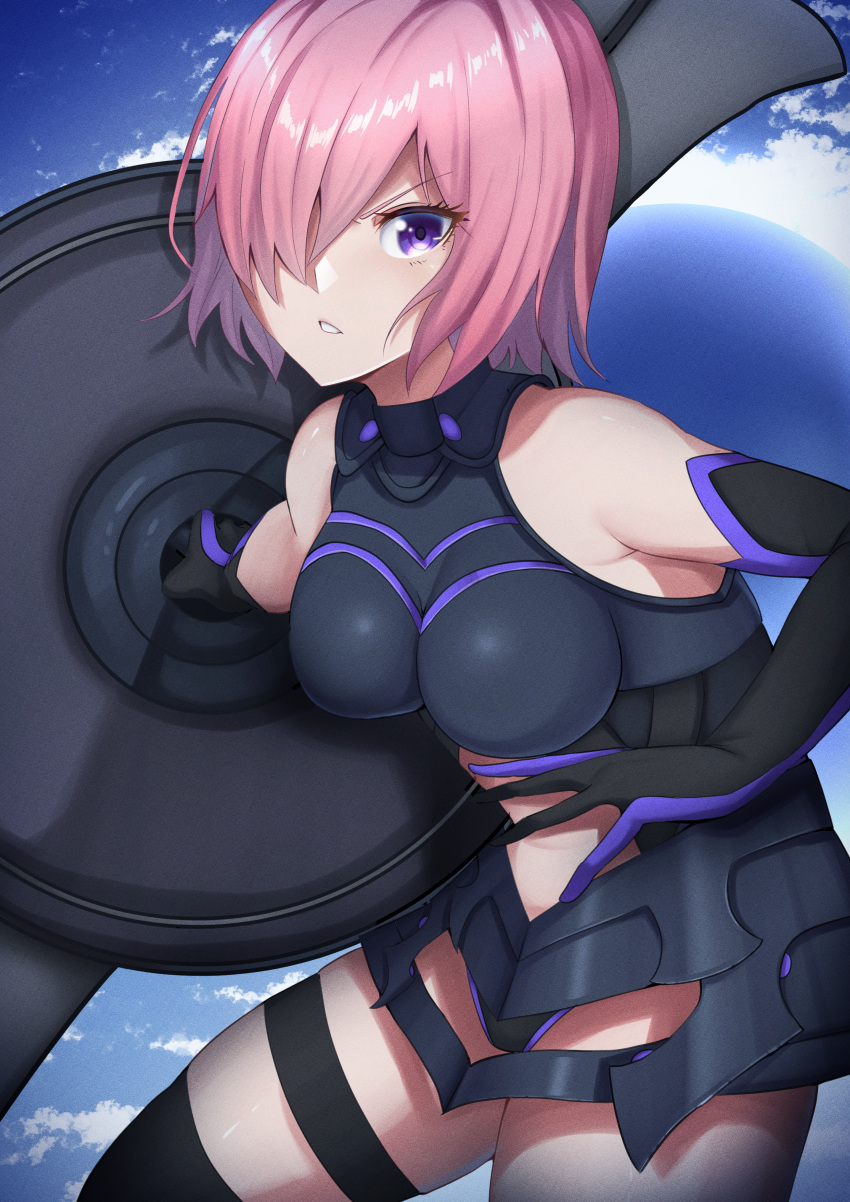 1girl absurdres armor armored_leotard bare_shoulders black_armor black_leotard blue_sky breastplate clothing_cutout clouds commentary_request detached_sleeves elbow_gloves eyebrows_visible_through_hair fallstreak_hole fate/grand_order fate_(series) gloves hair_over_one_eye highres holding holding_shield holding_weapon izzu leotard light_purple_hair looking_at_viewer mash_kyrielight one_eye_covered parted_lips pixiv_fate/grand_order_contest_1 serious shield short_hair sky solo teeth thigh-highs thighs violet_eyes weapon
