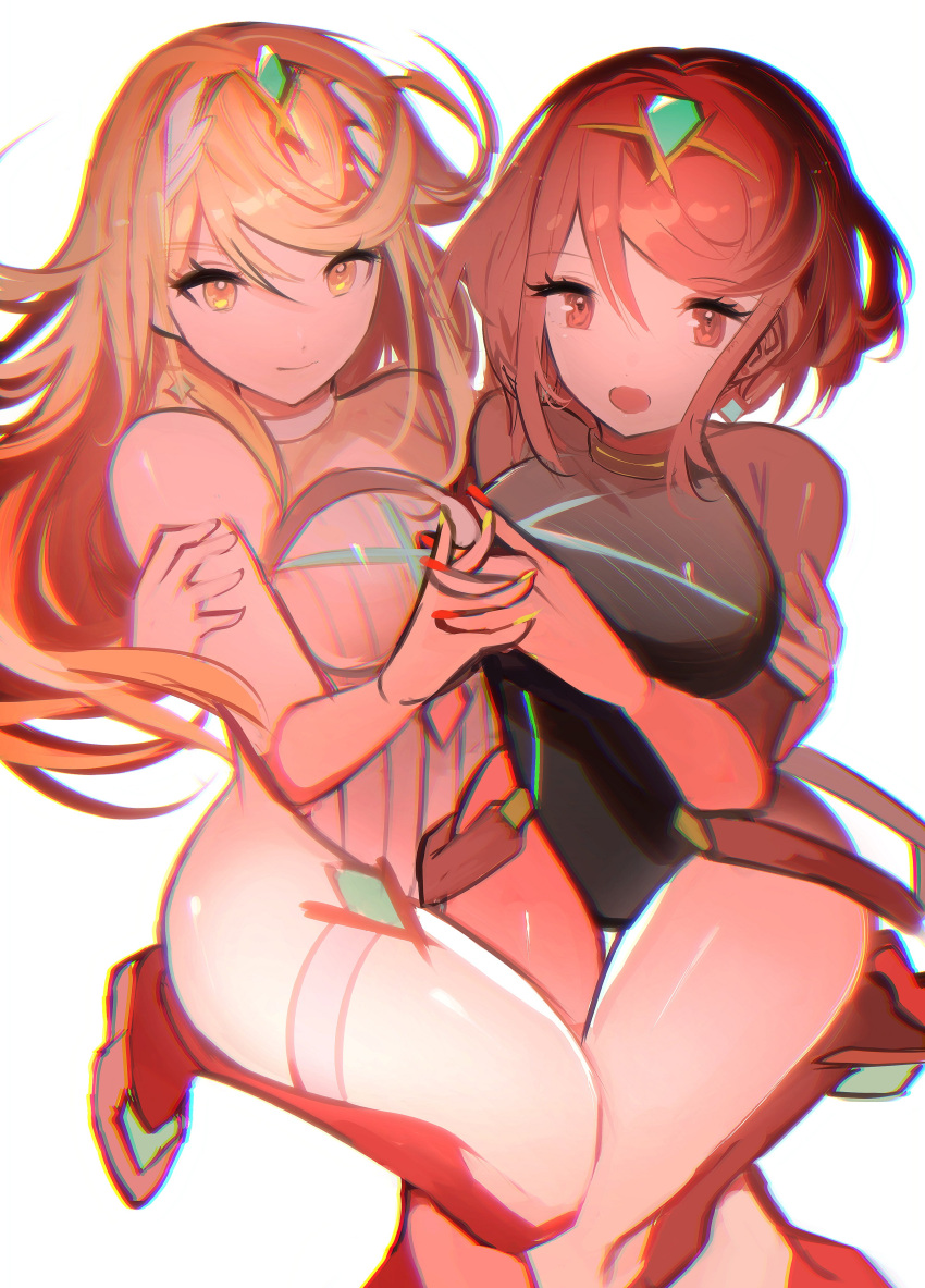 absurdres bangs blonde_hair breasts chest_jewel gem headpiece highres large_breasts long_hair mythra_(radiant_beach)_(xenoblade) mythra_(xenoblade) one-piece_swimsuit pyra_(pro_swimmer)_(xenoblade) pyra_(xenoblade) redhead ribbed_swimsuit short_hair strapless strapless_swimsuit striped striped_swimsuit swept_bangs swimsuit tarbo_(exxxpiation) tiara vertical-striped_swimsuit vertical_stripes very_long_hair white_swimsuit xenoblade_chronicles_(series) xenoblade_chronicles_2 yellow_eyes
