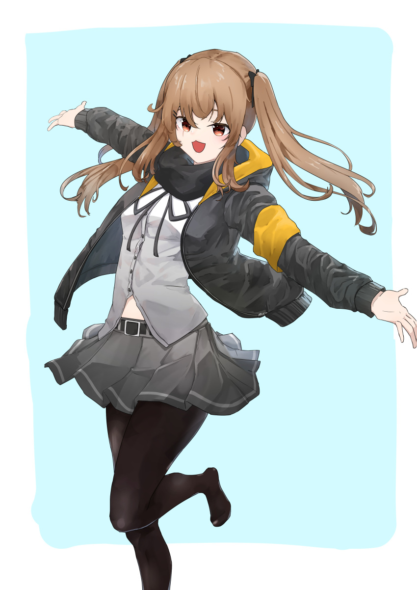 1girl absurdres bangs belt black_jacket black_legwear black_scarf bow brown_eyes brown_hair eyebrows_visible_through_hair girls_frontline grey_skirt hair_bow hair_ornament hairclip hanabusaraleigh highres jacket long_hair looking_at_viewer neck_ribbon open_clothes open_jacket open_mouth pantyhose ribbon scar scar_across_eye scarf shirt simple_background skirt smile solo standing standing_on_one_leg twintails ump9_(girls'_frontline) white_shirt