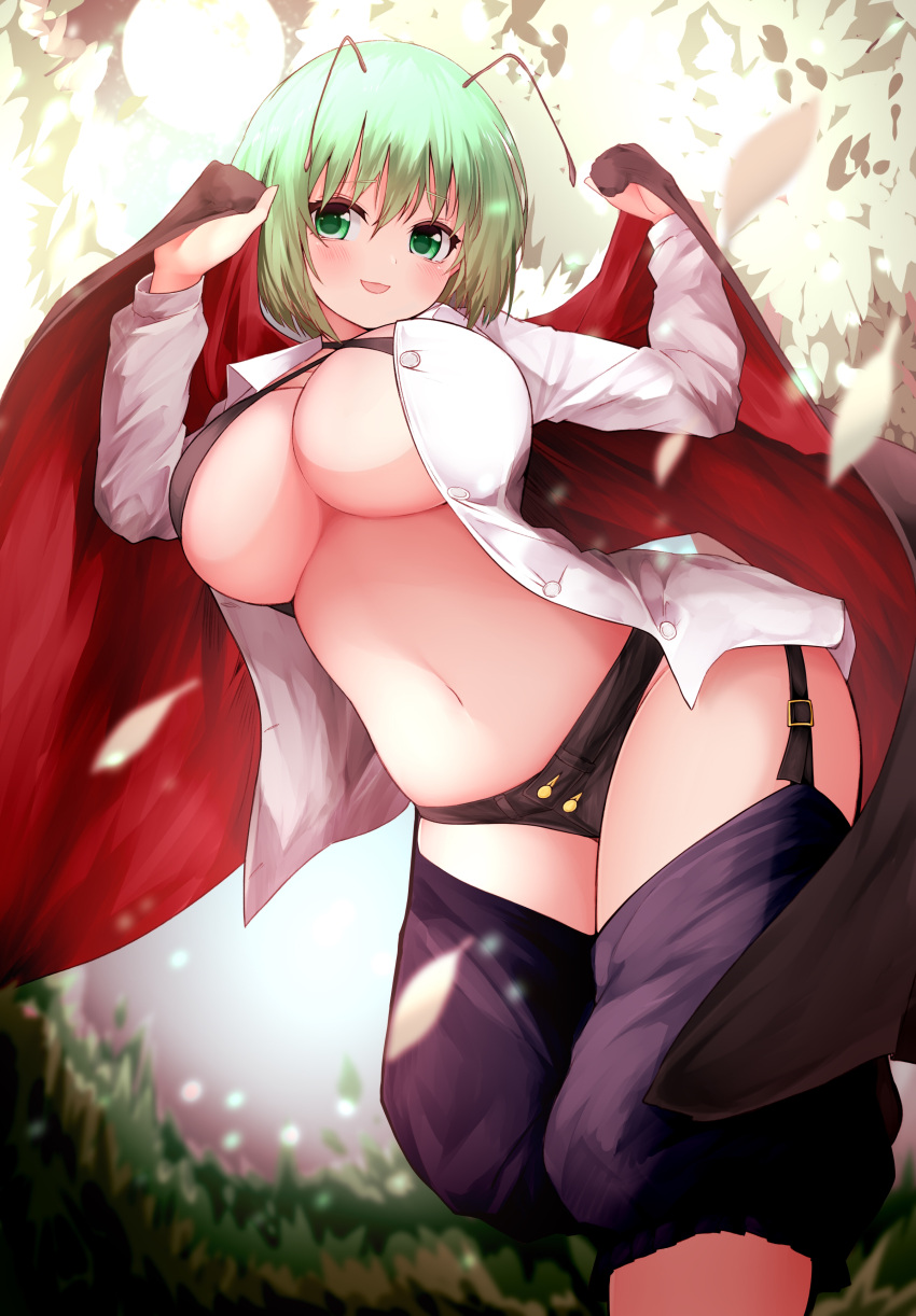 1girl absurdres alternate_breast_size amazaki_ria antennae arms_up baggy_pants bangs black_cape black_panties blue_pants blush breasts button_panties buttons cape collared_shirt crossed_bangs english_commentary feet_out_of_frame garter_straps green_eyes green_hair halter_top halterneck highres large_breasts looking_at_viewer looking_down navel open_clothes open_mouth open_shirt outdoors panties pants red_cape shirt short_hair smile solo standing stomach thighs touhou two-sided_cape two-sided_fabric two-tone_cape under_boob underwear white_shirt wing_collar wriggle_nightbug wrist_cuffs