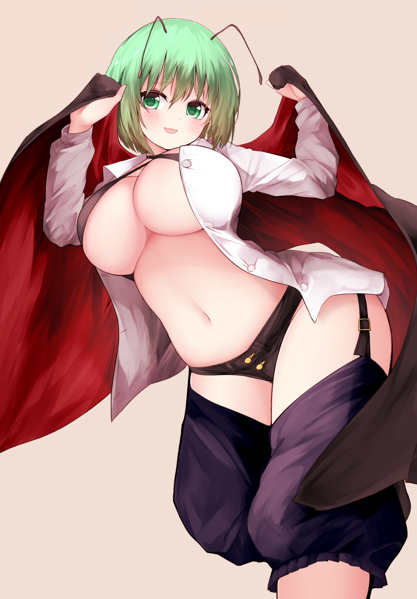 1girl absurdres alternate_breast_size amazaki_ria antennae arms_up baggy_pants bangs black_cape black_panties blue_pants blush breasts brown_background button_panties buttons cape collared_shirt crossed_bangs english_commentary feet_out_of_frame garter_straps green_eyes green_hair halter_top halterneck highres large_breasts looking_at_viewer looking_down navel open_clothes open_mouth open_shirt panties pants red_cape shirt short_hair simple_background smile solo standing stomach thighs touhou two-sided_cape two-sided_fabric two-tone_cape under_boob underwear white_shirt wing_collar wriggle_nightbug wrist_cuffs