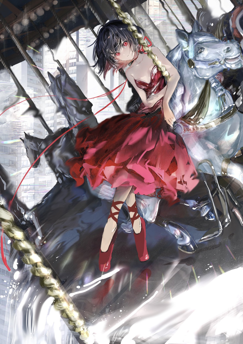 1girl ballet_slippers bare_arms black_hair carousel city collarbone commentary_request dress dutch_angle full_body highres looking_at_viewer nanaponi original red_dress red_eyes red_footwear red_ribbon ribbon short_hair solo strapless strapless_dress