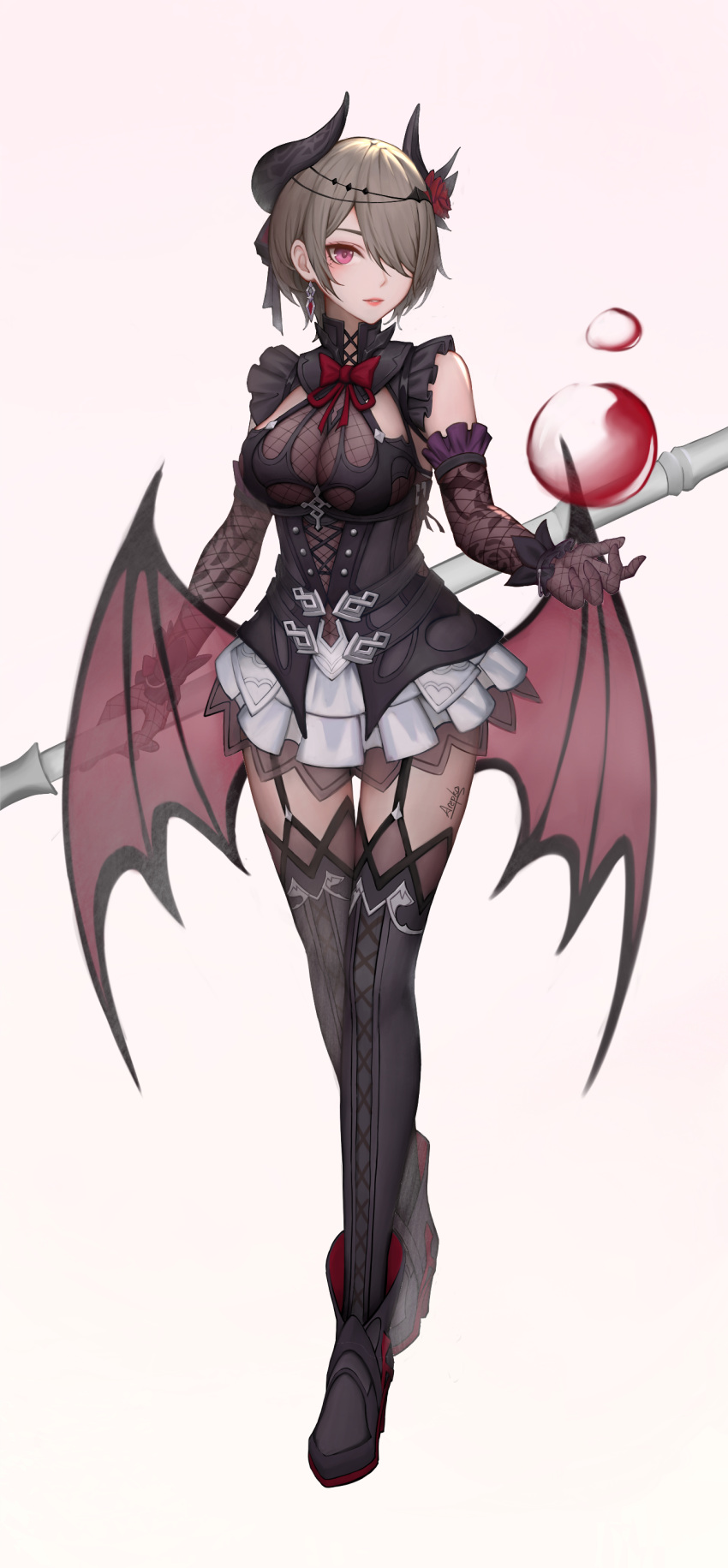 1girl absurdres artist_name bow bowtie breasts damon_ct demon_girl demon_horns demon_wings earrings elbow_gloves full_body gloves hair_over_one_eye high_heels highres holding honkai_(series) honkai_impact_3rd horns jewelry looking_at_viewer medium_breasts parted_lips rita_rossweisse see-through short_hair simple_background skirt sleeveless solo standing teeth thigh-highs watermark white_background wings