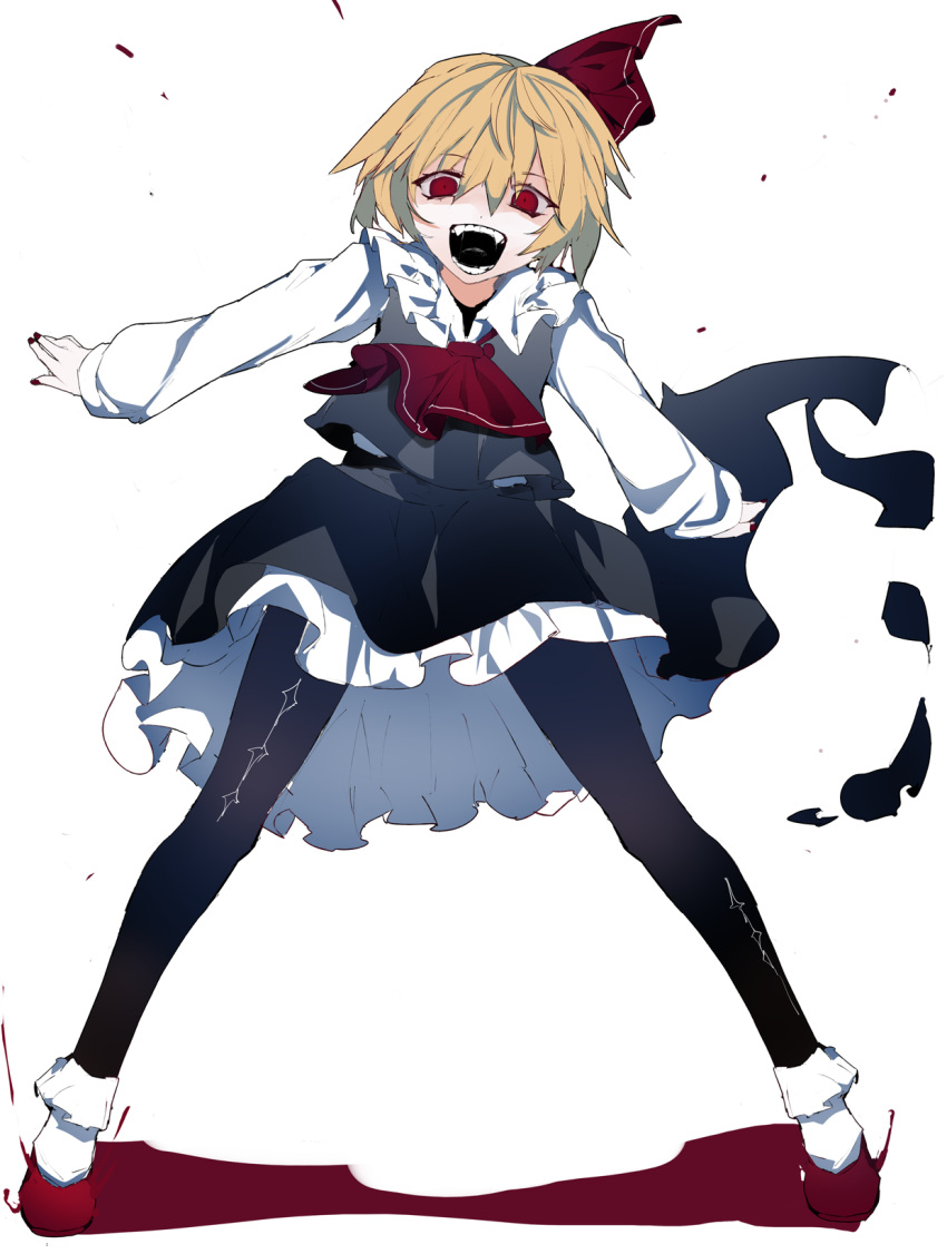 1girl black_legwear black_skirt black_vest blonde_hair bobby_socks collared_shirt fangs frilled_shirt_collar frilled_skirt frills full_body hair_ribbon highres ikurauni long_sleeves looking_at_viewer nail_polish open_mouth outstretched_arms pantyhose red_eyes red_footwear red_nails red_ribbon ribbon rumia shirt short_hair skirt skirt_set socks socks_over_pantyhose solo spread_arms spread_legs standing touhou vest white_legwear white_shirt