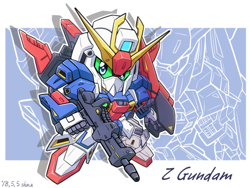 artist_name beam_rifle blue_eyes character_name chibi colored_sclera commentary dated energy_gun english_text green_sclera gundam looking_at_viewer mecha mobile_suit no_humans sd_gundam shield shokkaa_(shmz61312) solo v-fin weapon zeta_gundam zeta_gundam_(mobile_suit)