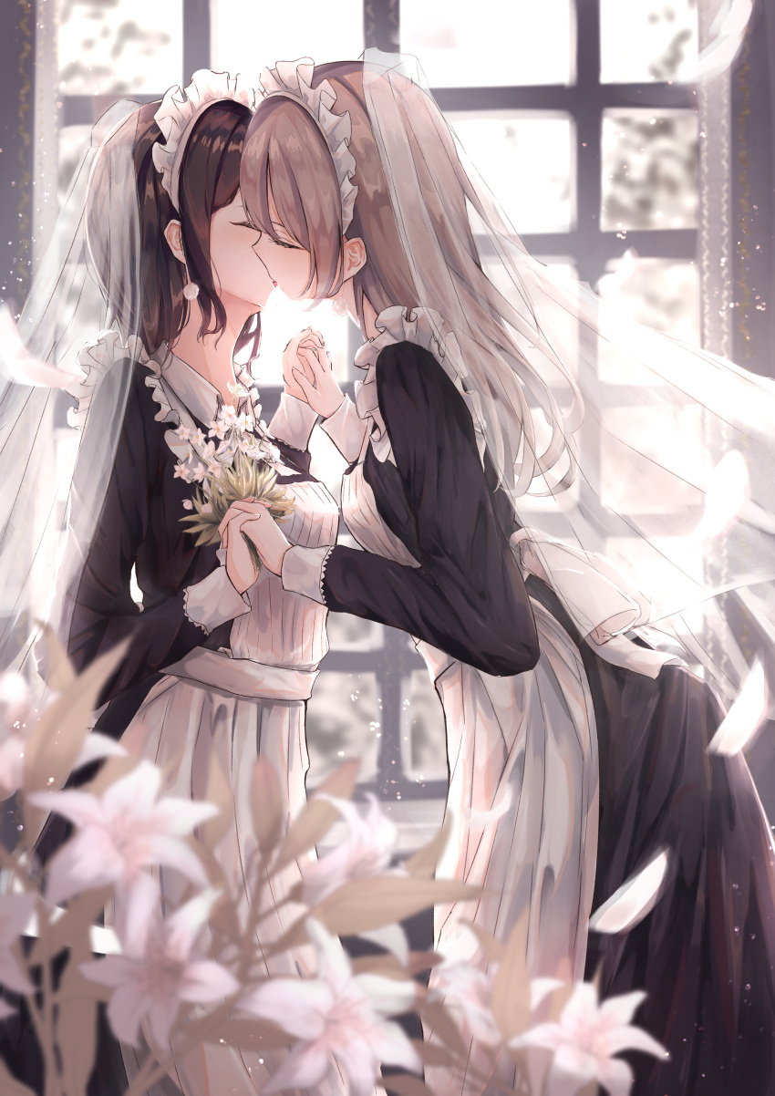 2girls absurdres benevole bouquet bridal_veil brown_hair closed_eyes collared_shirt commentary_request flower french_kiss frills from_side highres holding holding_bouquet kiss leaf light lily_(flower) long_hair long_sleeves maid maid_headdress multiple_girls original profile shirt tongue veil white_flower window yuri