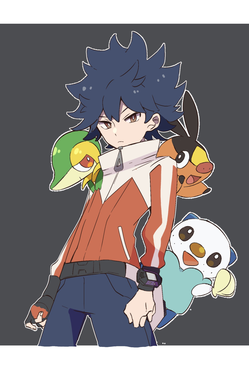 1boy bangs black_hair bright_pupils brown_eyes closed_mouth commentary_request fingerless_gloves frown gloves high_collar highres hugh_(pokemon) jacket long_sleeves male_focus misha_(ohds101) orange_jacket oshawott outline pants pokemon pokemon_(creature) pokemon_(game) pokemon_bw2 short_hair single_glove snivy spiky_hair starter_pokemon_trio tepig white_pupils zipper_pull_tab