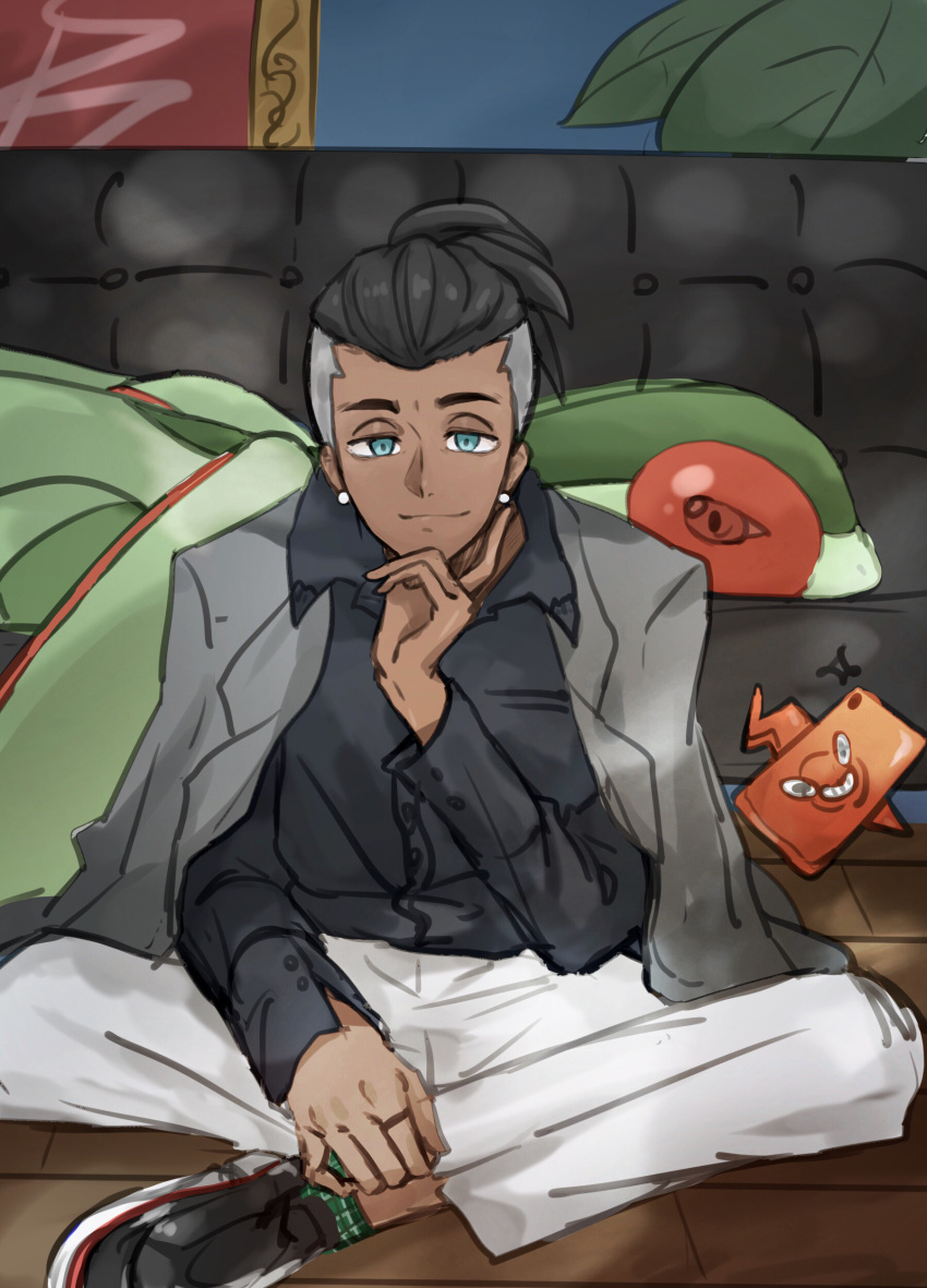 1girl absurdres alternate_costume black_hair black_shirt buttons closed_mouth collared_shirt commentary_request couch earrings echizen_(n_fns17) flygon green_legwear grey_jacket half-closed_eyes hand_up highres indoors jacket jacket_on_shoulders jewelry looking_at_viewer pants pokemon pokemon_(creature) pokemon_(game) pokemon_swsh raihan_(pokemon) ring rotom rotom_phone shirt shoes short_hair sitting smile socks undercut white_pants