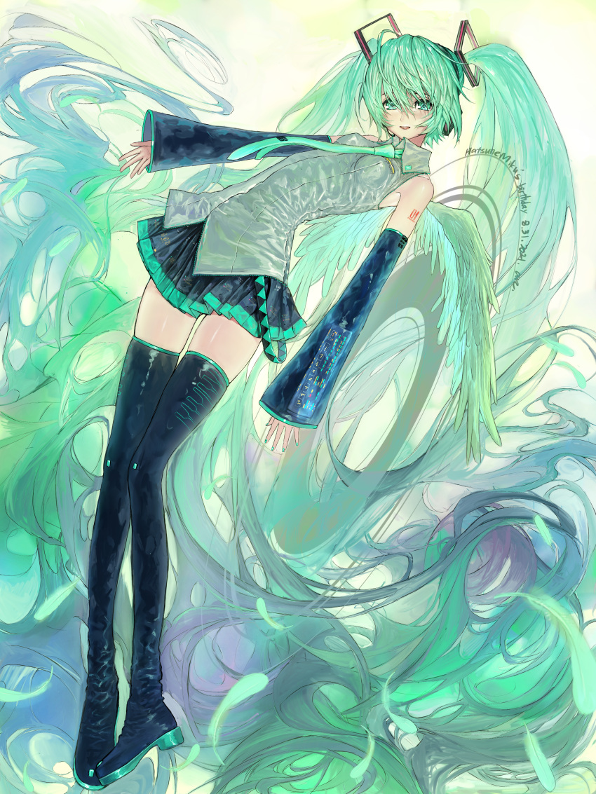 1girl absurdly_long_hair absurdres aqua_eyes aqua_hair aqua_necktie bangs black_footwear black_skirt black_sleeves boots collared_shirt detached_sleeves feathers grey_shirt hair_between_eyes hatsune_miku highres korpokkur_kne long_hair looking_at_viewer necktie open_mouth pleated_skirt shirt skirt sleeveless sleeveless_shirt sleeves_past_wrists smile solo thigh-highs thigh_boots twintails very_long_hair vocaloid