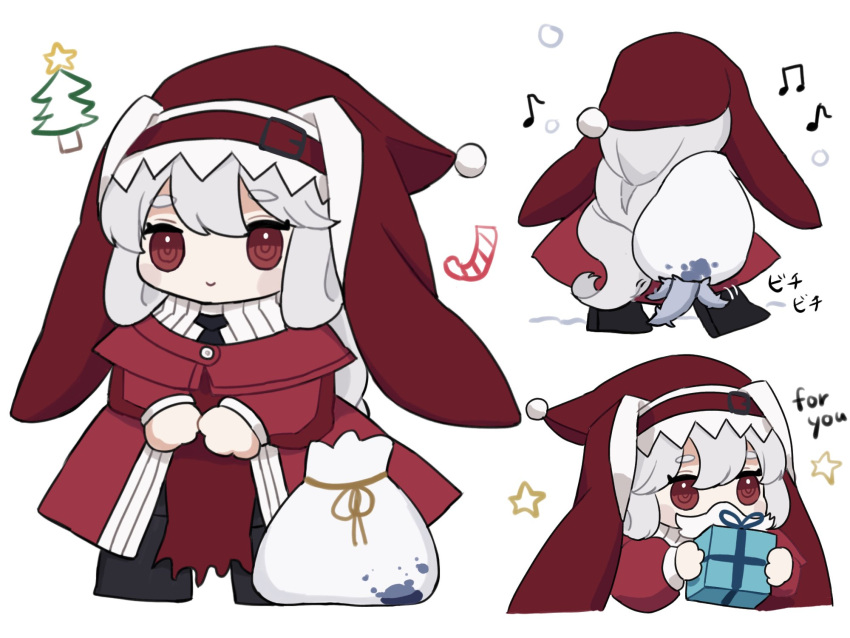 1girl arknights bangs chibi christmas closed_mouth dress fake_beard fake_facial_hair full_body gift grey_hair highres holding holding_gift long_hair looking_at_viewer multiple_views musical_note nun red_dress red_eyes sack simple_background smile someyaya specter_(arknights) white_background