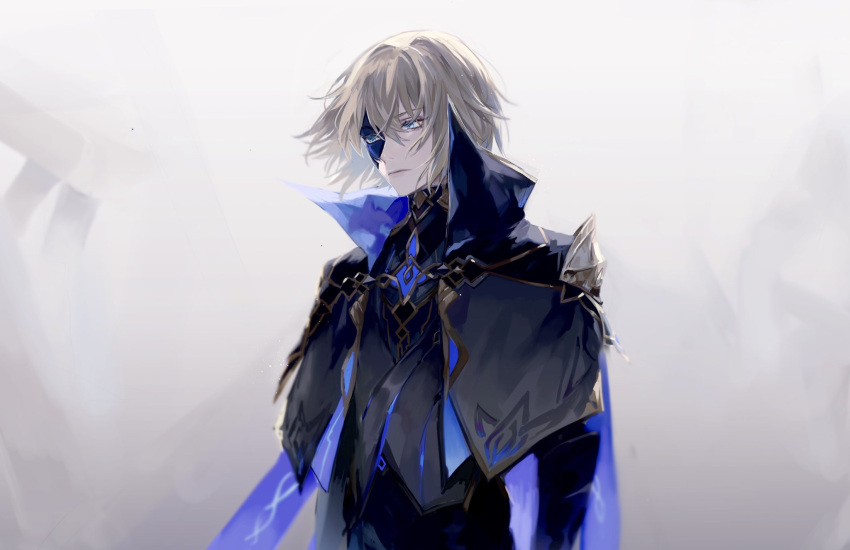 1boy bangs blonde_hair blue_eyes cape closed_mouth dainsleif_(genshin_impact) genshin_impact grey_background hair_between_eyes high_collar highres jacket lips male_focus mask mask_over_one_eye simple_background solo umemegn upper_body