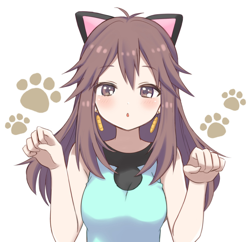 1girl animal_ears bangs bare_arms breasts brown_eyes brown_hair cat_ears earrings eyelashes hair_flaps hands_up highres jewelry leaf_(pokemon) long_hair nasakixoc parted_lips paw_pose paw_print pokemon pokemon_(game) pokemon_frlg shirt sleeveless sleeveless_shirt solo symbol-only_commentary upper_body white_background