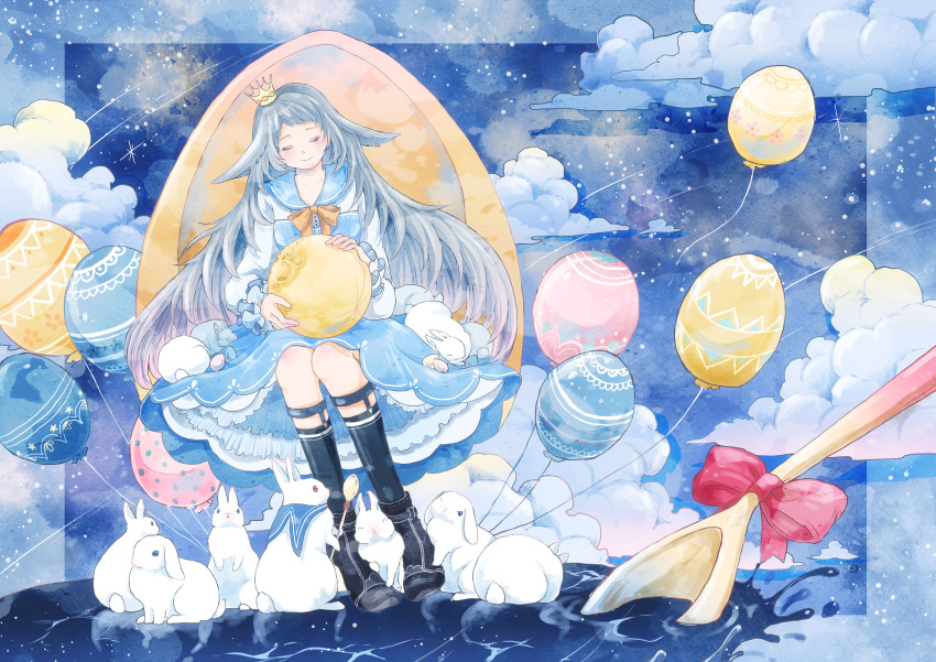 1girl absurdres balloon bangs black_footwear blue_background blue_dress blue_hair blue_legwear blue_sailor_collar blue_sky boots border bow bowtie closed_eyes clouds cloudy_sky cocoroppy commentary crown dress easter easter_egg egg facing_viewer frilled_dress frilled_sleeves frills full_moon hair_ears highres holding kneehighs light_blush long_hair long_sleeves mini_crown moon orange_bow orange_bowtie original rabbit red_bow sailor_collar sailor_dress sitting sky smile solo spoon star_(sky) starry_sky surreal very_long_hair water white_sleeves