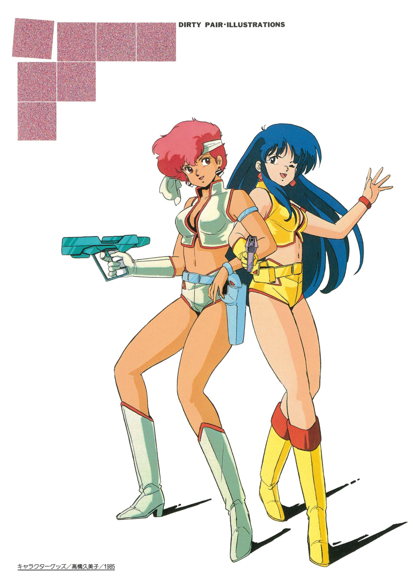 1980s_(style) 1990s_(style) absurdres armlet bangs blue_eyes blue_hair boots bracelet dark-skinned_female dark_skin dirty_pair earrings gloves gun handgun headband highres holding holding_gun holding_weapon holster jewelry kei_(dirty_pair) knee_boots locked_arms long_hair midriff navel official_art one_eye_closed open_mouth red_eyes redhead retro_artstyle scan short_hair simple_background single_glove thigh-highs weapon white_background yuri_(dirty_pair)