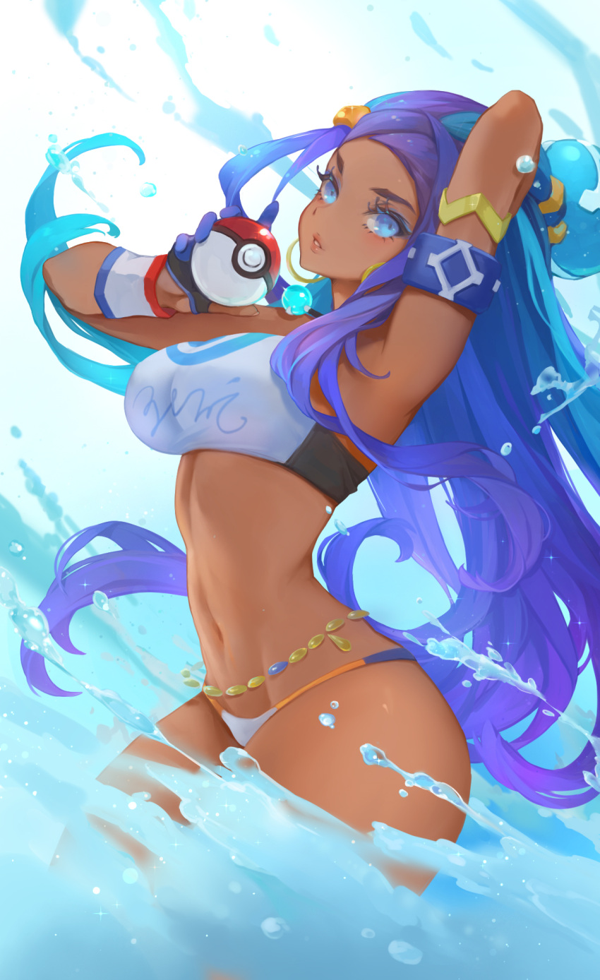 1girl armlet armpits belly_chain blue_eyes blue_hair breasts commentary dark-skinned_female dark_skin driverbunny37 earrings english_commentary gloves highres holding holding_poke_ball hoop_earrings jewelry large_breasts long_hair looking_at_viewer multicolored_hair navel nessa_(pokemon) poke_ball poke_ball_(basic) pokemon pokemon_(game) pokemon_swsh purple_hair solo two-tone_hair water