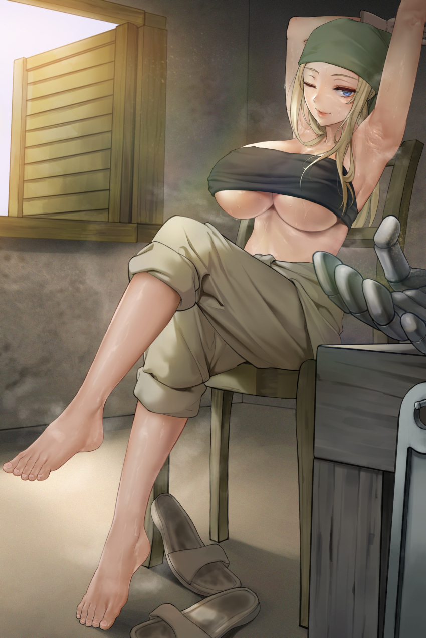 1girl absurdres armpits arms_behind_head arms_up automail bandana bandeau barefoot blonde_hair blue_eyes breasts chair fullmetal_alchemist green_bandana highres large_breasts leg_up lips metal_gloves midriff mute_(mute89539160) one_eye_closed open_window pants pants_rolled_up shoes shoes_removed sitting soles steaming_body stretch sunlight sweat tied_jumpsuit toes under_boob wet window winry_rockbell