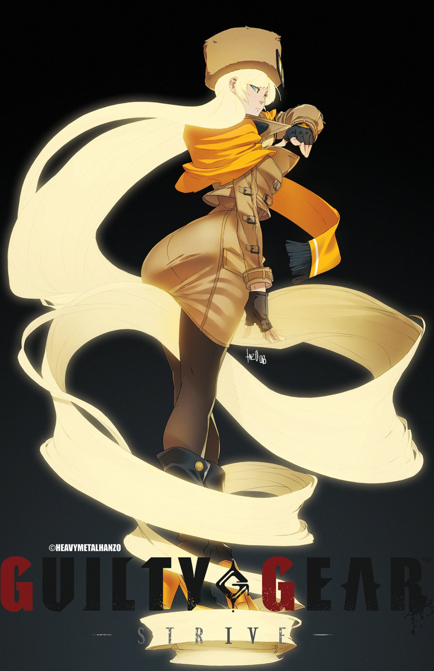 1girl absurdly_long_hair arm_scarf arm_up artist_name ass bangs blonde_hair blue_eyes breasts brown_coat buttons coat copyright_name curvy eyebrows_visible_through_hair fingerless_gloves from_side fur_hat gloves glowing glowing_hair guilty_gear guilty_gear_strive hat highres leggings long_hair looking_at_viewer medium_breasts metalhanzo millia_rage pantyhose pose signature simple_background smile solo standing ushanka very_long_hair white_background wide_hips