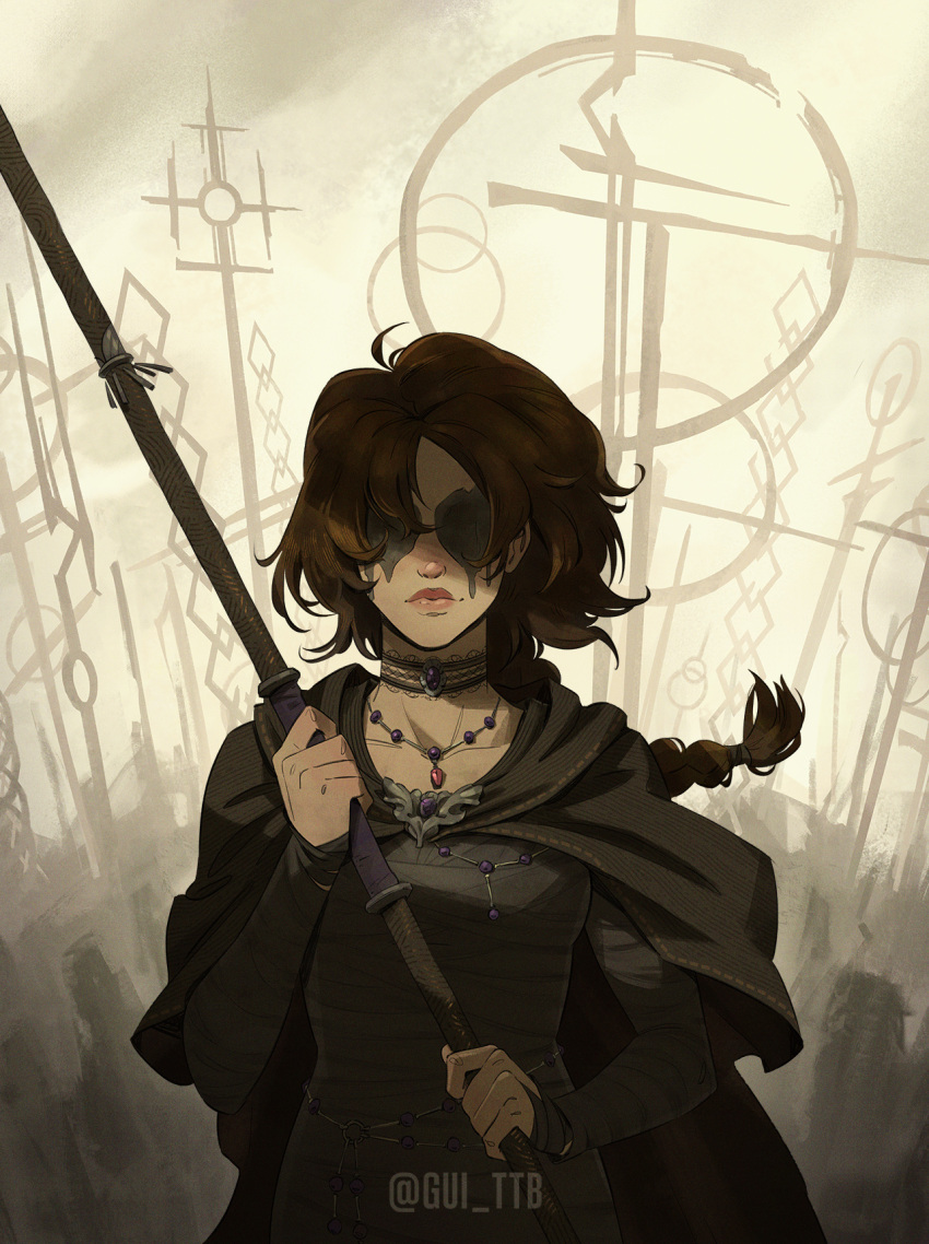 1girl artist_name black_dress black_hair braid brown_hair cape choker cross demon's_souls dress fog gui_ttb highres jewelry lips long_sleeves looking_at_viewer maiden_in_black necklace no_eyes nose pendant pink_lips short_hair single_braid solo staff thick_lips upper_body wax wind