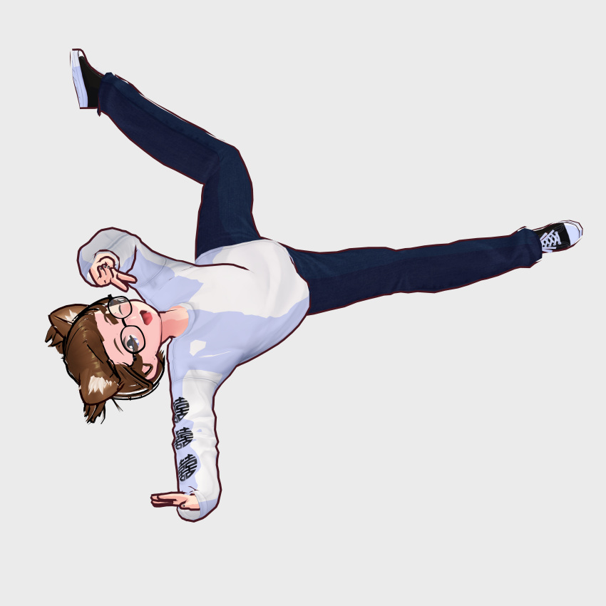 arm_up breakdance brown_hair buns cute excited eyes glasses happy high_tops jeans jumper multicolored_eyes peace_symbol posing raccoon_ears shoes socks v