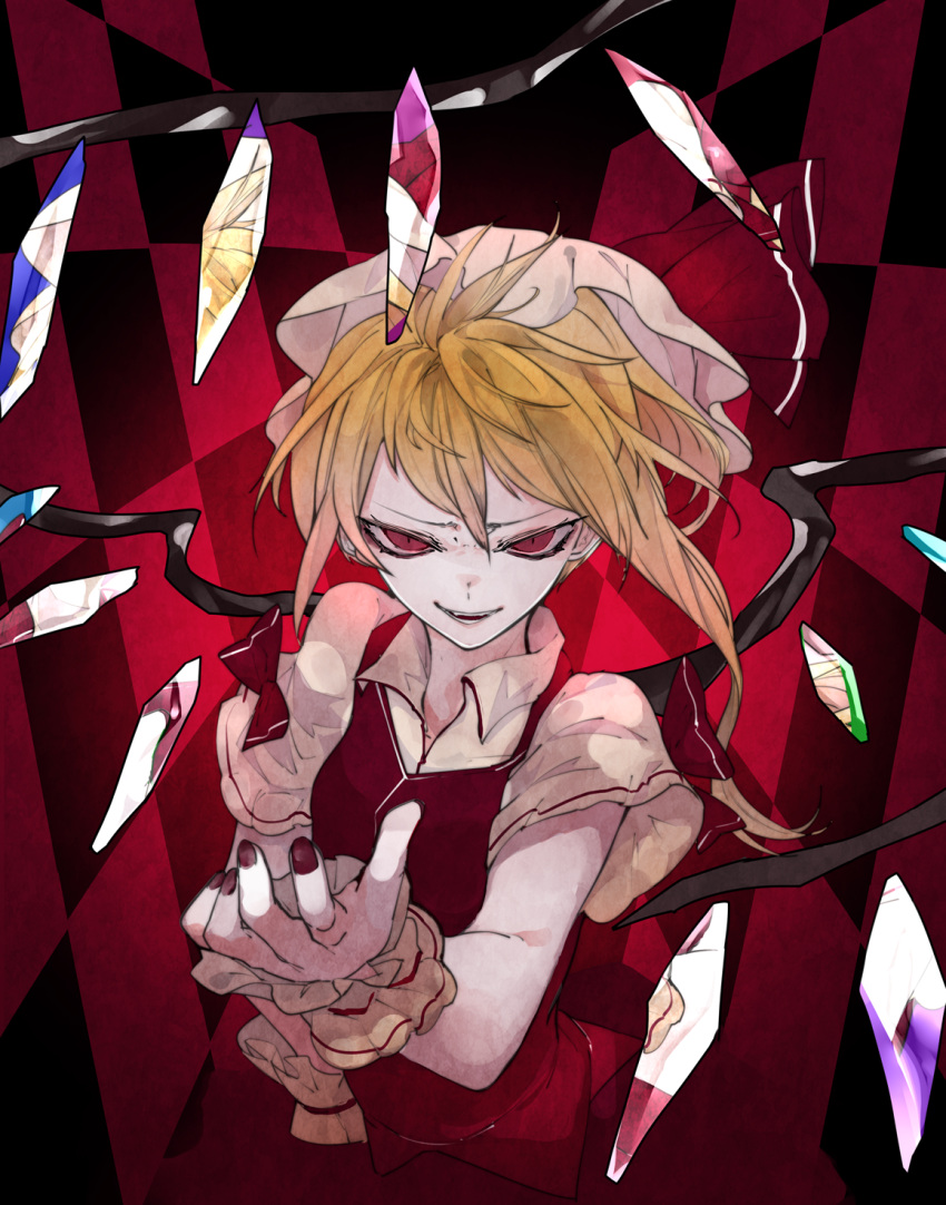 1girl blonde_hair checkered_background collared_shirt cowboy_shot crystal dress_shirt flandre_scarlet hat highres ikurauni long_hair looking_at_viewer mob_cap nail_polish open_mouth outstretched_arm outstretched_hand red_eyes red_nails red_skirt red_theme red_vest shirt short_sleeves side_ponytail skirt skirt_set solo touhou vest white_headwear wings wrist_cuffs