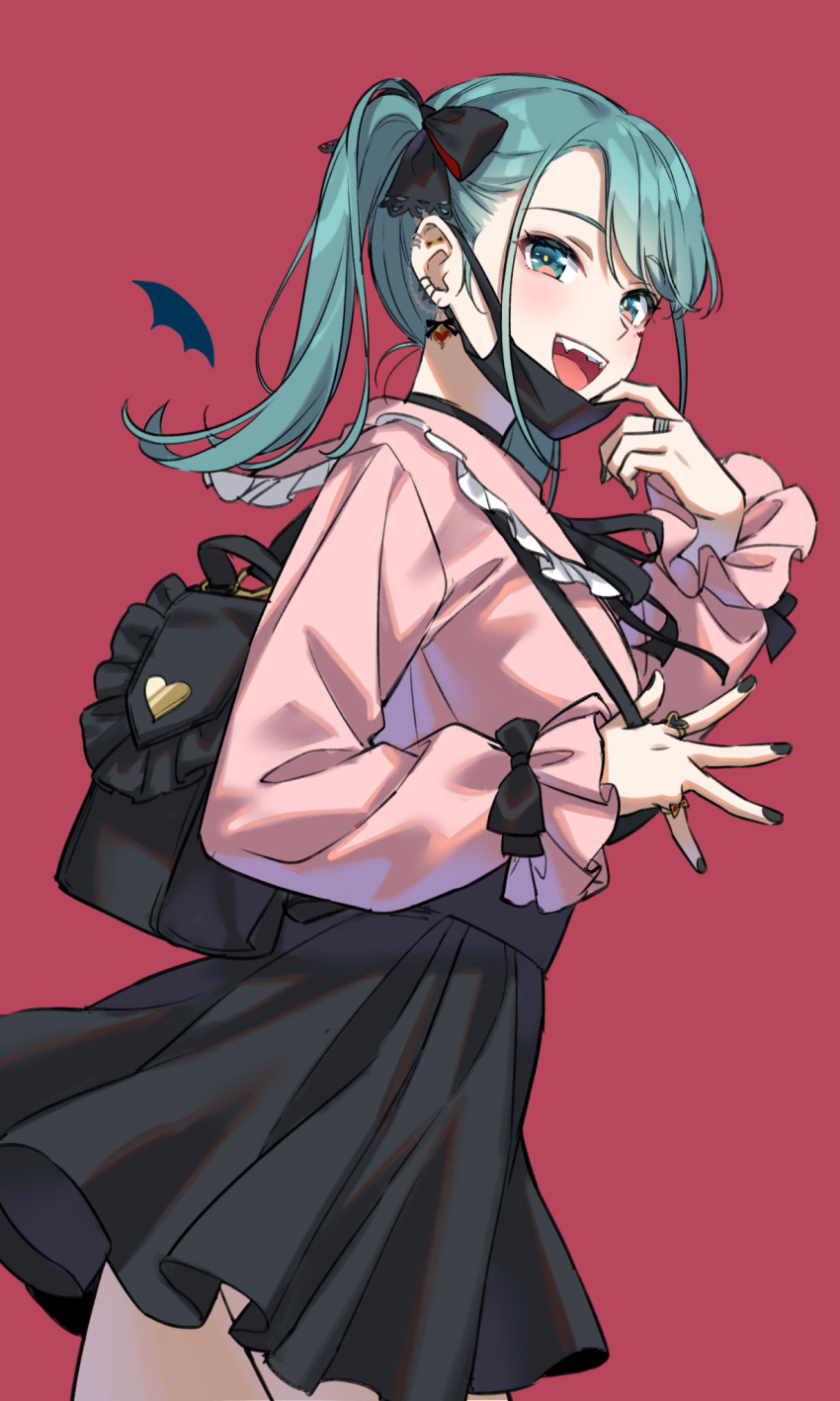 1girl :d akatsuki_(4941086) bag barbell_piercing black_bow black_mask black_nails black_skirt blue_eyes blue_hair bow choker detached_wings ear_piercing fangs hair_bow hand_up handbag hatsune_miku heart_ring highres industrial_piercing jewelry long_sleeves looking_at_viewer mask mask_pull medium_hair mini_wings mouth_mask multiple_rings nail_polish neck_ribbon open_mouth piercing pink_background pink_shirt ribbon ring shirt short_twintails sidelocks simple_background skirt smile solo teeth twintails upper_teeth vampire vampire_(vocaloid) vocaloid wings
