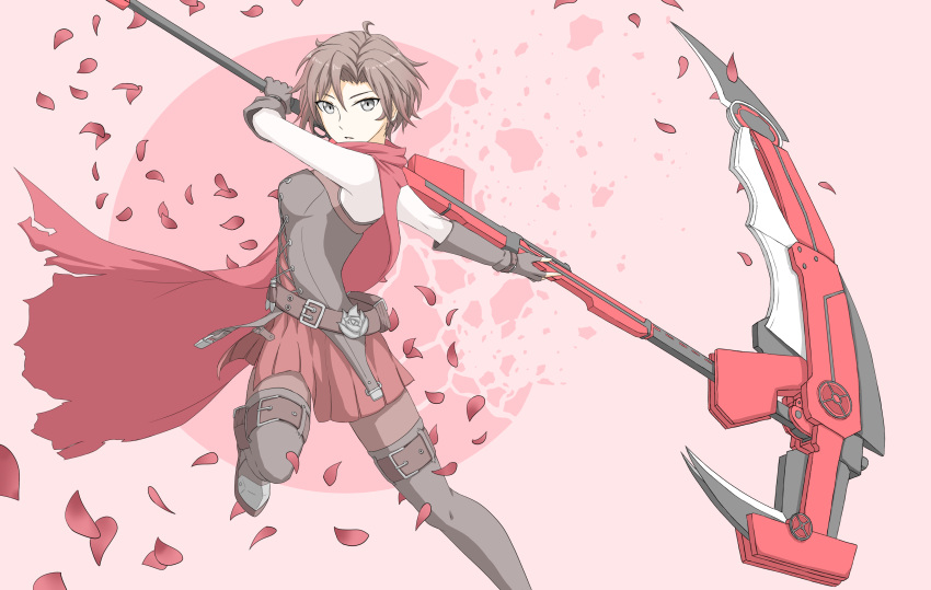 1girl absurdres bare_shoulders belt belt_buckle breasts brown_belt brown_hair buckle cape crescent_moon crescent_rose elbow_gloves gloves grey_eyes highres looking_at_viewer medium_breasts messy_hair moon older pantyhose petals pink_background red_cape red_skirt rose_petals ruby_rose rwby scythe short_hair skirt solo thigh-highs thigh_strap thighhighs_over_pantyhose torn_cape torn_clothes tsukimizake