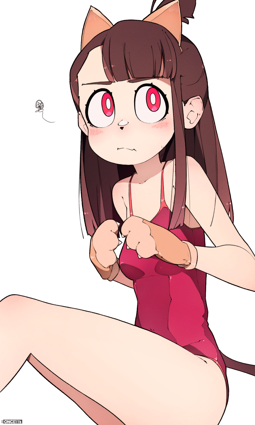 1girl absurdres animal_ears animal_hands bangs bare_shoulders breasts brown_hair closed_mouth confused highres kagari_atsuko little_witch_academia long_hair looking_at_viewer looking_away looking_up medium_breasts on_floor once_11h own_hands_together red_eyes red_swimsuit simple_background sitting solo swimsuit tied_hair white_background