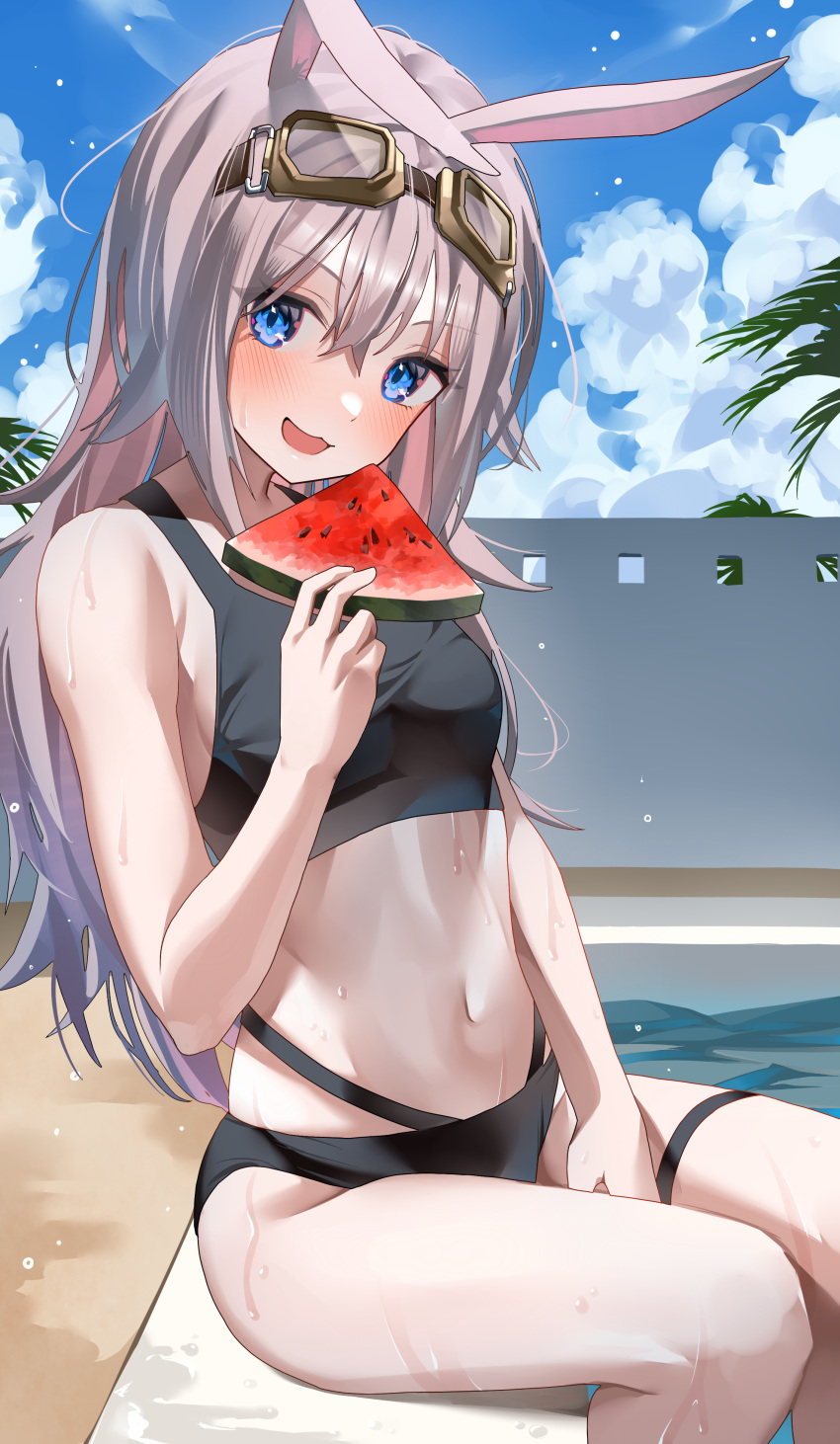 1girl absurdres animal_ears black_swimsuit blue_eyes blue_sky blush borrowed_character clouds cloudy_sky day dripping eyebrows_visible_through_hair food fruit goggles goggles_on_head grey_hair hair_between_eyes highres holding holding_food holding_fruit long_hair multicolored_hair navel ningen_mame open_mouth original outdoors pink_hair pool rabbit_ears sand sitting sky smile solo swimsuit tree two-tone_hair water watermelon wet
