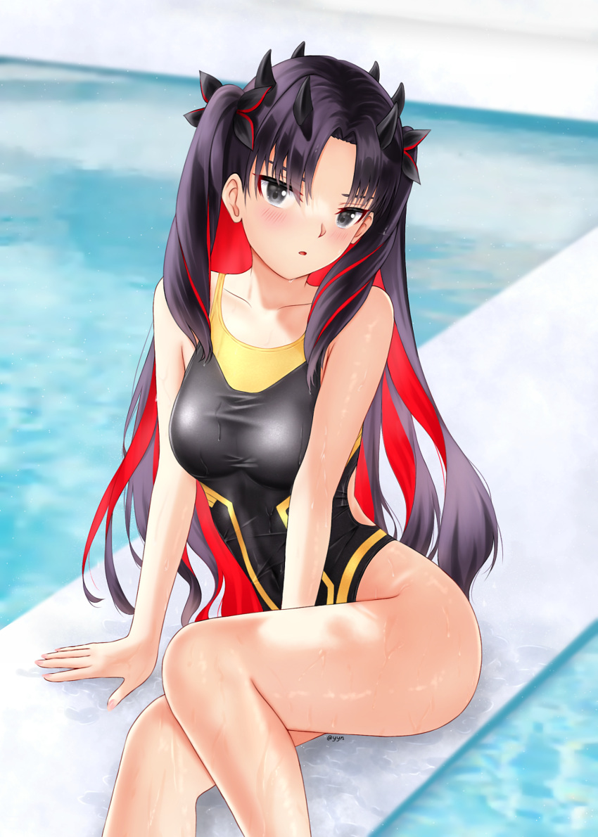 1girl absurdres bangs black_hair blush breasts fate/grand_order fate_(series) grey_eyes highres horns ishtar_(fate) long_hair looking_at_viewer multicolored_hair open_mouth redhead solo space_ishtar_(fate) two-tone_hair two_side_up yayanri