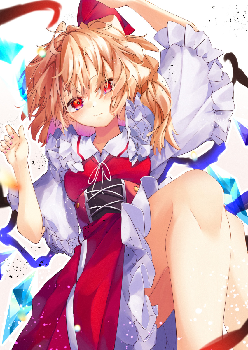 1girl absurdres ahoge arm_up blonde_hair breasts calpis118 closed_mouth corset crystal eyebrows_visible_through_hair feet_out_of_frame flandre_scarlet frilled_shirt_collar frilled_skirt frilled_sleeves frills highres looking_at_viewer medium_hair no_hat no_headwear puffy_short_sleeves puffy_sleeves red_eyes red_skirt red_vest shirt short_sleeves side_ponytail skirt skirt_set small_breasts smile solo touhou vest white_background white_shirt wings